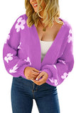 Women's Cardigan Sweaters - Floral Knit Open Front Crop Cardigans Long Sleeve Sweater Outwear Tops Orange L