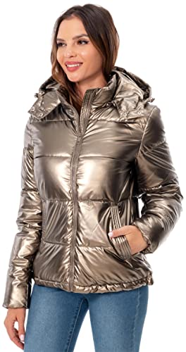Women's Winter Hooded Shiny Puffer Jacket Casual Warm Quilted Full Zip Short Bubble Padded Coat (as1, alpha, s, regular, regular, Dark Gold, Small)