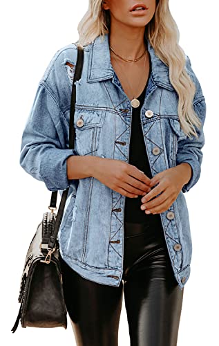 Denim Jacket for Women Distressed Ripped Frayed Crop Jean Jacket American Flag Long Sleeve Light Blue Button Closure Bike Coat