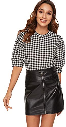 Women's Puff Sleeve Plaid Work Blouse High Neck Office Top