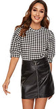 Women's Puff Sleeve Plaid Work Blouse High Neck Office Top