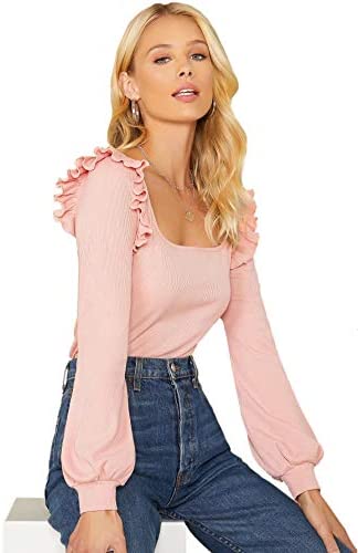 Women's Long Sleeve Scoop Neck Ruffle Trim Top Blouse Lantern Sleeve Solid Tee