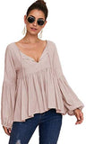 Women's Casual V Neck Flounce 3/4 Sleeve Top Ruffle Loose Blouse
