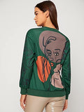 Women's Figure Graphic Print Sweatshirt Round Neck Long Sleeve Contrast Color Graffiti Pullovers Brown L