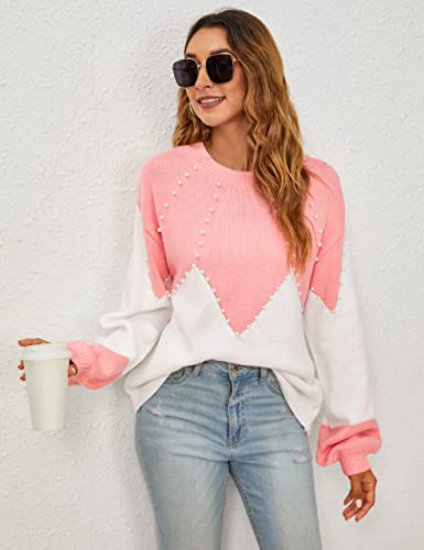 Women's Chunky Sweater Crewneck Sweatshirt Knit Lantern Sleeve Oversized Pullover Sweater with Pearls (Large, Grey)