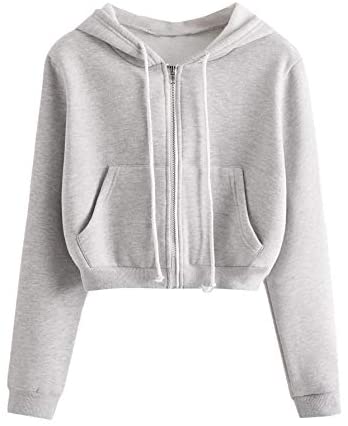Women's Crop Zip Up Pocket Drawstring Basic Zipper Hooded Sweatshirt