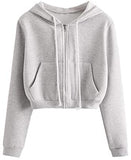Women's Crop Zip Up Pocket Drawstring Basic Zipper Hooded Sweatshirt