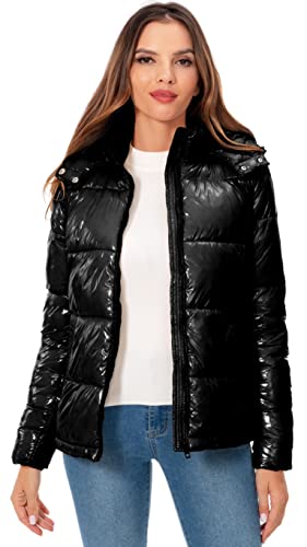 Women's Winter Hooded Shiny Puffer Jacket Casual Warm Quilted Full Zip Short Bubble Padded Coat (as1, alpha, s, regular, regular, Dark Gold, Small)