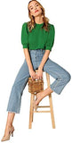 Puff Sleeve Casual Solid Top Pullover Keyhole Back Blouse Green