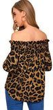 Women's Off Shoulder Long Sleeve Leopard Shirred Frill Top Blouses