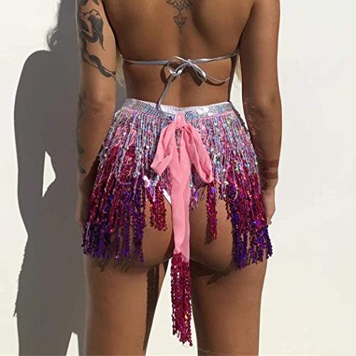 Belly Dance Hip Skirt Tassel Scarf Sequin Wrap Rave Costume for Women (Blue)