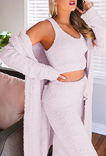 Womens Fuzzy Fleece 3 Piece Pajama Set Tank Crop Tops Pants Open Front Cardigan Lounge Outfit Light Blue S