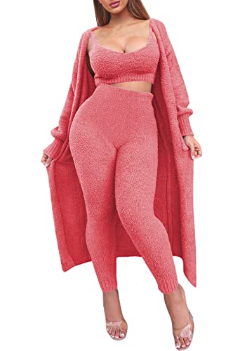 Womens Fuzzy Fleece 3 Piece Pajama Set Tank Crop Tops Pants Open Front Cardigan Lounge Outfit Light Blue S