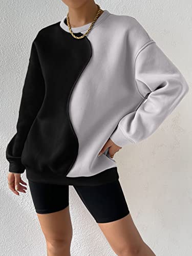 Women's Color Block Crew Neck Oversized Sweatshirt Drop Shoulder Casual Pullover