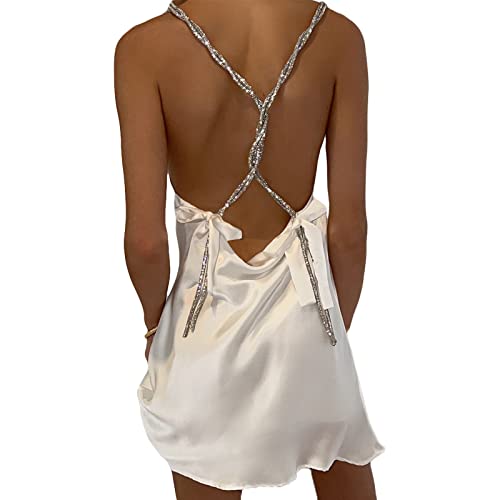 Women Girls Backless Sequin Dresses Spaghetti Strap Deep V-Neck A-line Short Dress Sparkly Party Clubwear