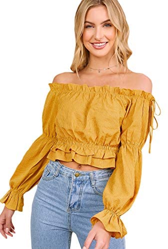 Women's Sexy Striped Off Shoulder Long Sleeve Shirt Ruffle Trim Blouses Top