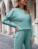 Women's Long Sleeve Loungewear Crewneck Pullover Tops Long Pants Sweatsuits Tracksuits with Pockets Army Green