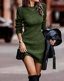 Women Sweater Bodycon Short Dress Long Sleeve Crew Neck Slim Fit Solid Dressy Fall Winter Mini Ribbed Knit Dresses(Solid Dark Coffee, Large)