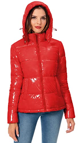 Women's Winter Hooded Shiny Puffer Jacket Casual Warm Quilted Full Zip Short Bubble Padded Coat (as1, alpha, s, regular, regular, Dark Gold, Small)
