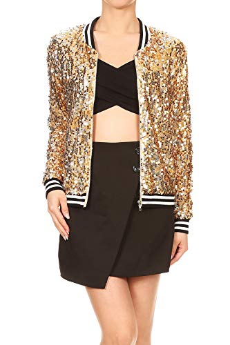 Womens Sequin Long Sleeve Front Zip Jacket with Ribbed Cuffs, Gold, Small