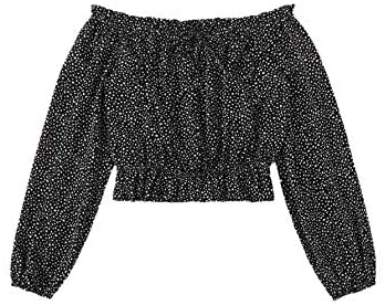 Women's Sexy Polk Dots Print Crop Top Off Shoulder Long Sleeve Blouse Tops