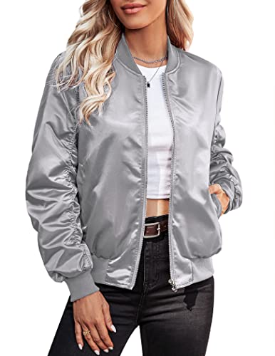 Womens Casual Jackets Long Sleeve Lightweight Fall Satin Bomber Jacket Zip Up Biker Windbreaker Coat with Pockets