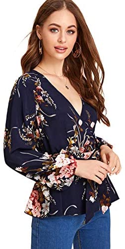 Women's V-Neck Floral Long Sleeve Belted Peplum Wrap Blouse Ruffle Top Shirts