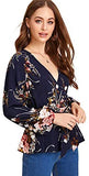 Women's V-Neck Floral Long Sleeve Belted Peplum Wrap Blouse Ruffle Top Shirts