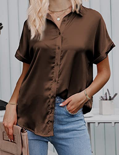 Black Silk Button Up Shirt Women Satin Blouse Casual V-Neck Long Sleeve Business Office Blouses Tops Black S