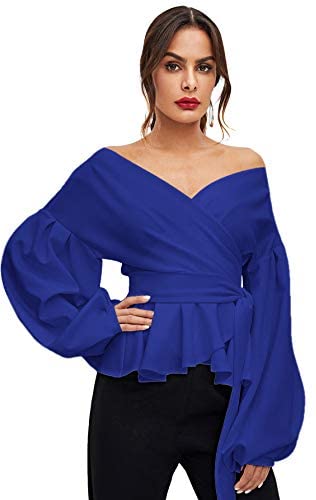 Women's Long Sleeve V Neck Ruffle Blouse Off Shoulder Tie Waist Wrap Tops