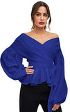 Women's Long Sleeve V Neck Ruffle Blouse Off Shoulder Tie Waist Wrap Tops