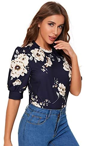 Women's Floral Puff Sleeve Blouse for Work Office Hight Neck Top