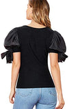 Women's Organza Puff Sleeve Self Tie Sleeve Round Neck Shirt Stretchy Blouse Top