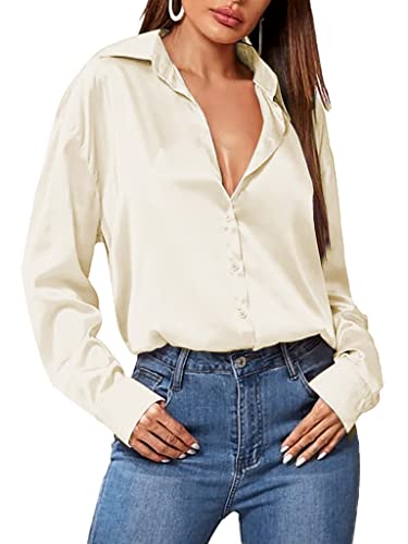 Black Silk Button Up Shirt Women Satin Blouse Casual V-Neck Long Sleeve Business Office Blouses Tops Black S