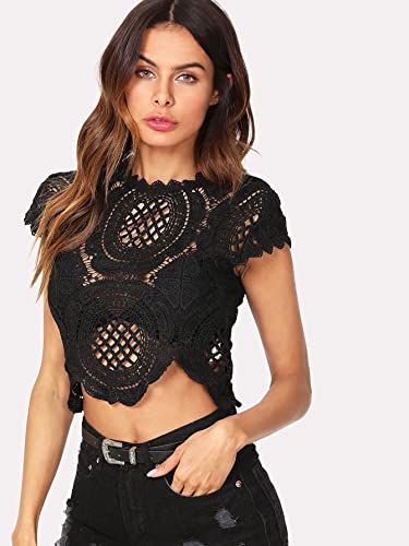 Women's See Through Mesh Lace Crop Top Crochet Short Sleeve Embroidered Tops