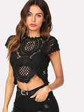 Women's See Through Mesh Lace Crop Top Crochet Short Sleeve Embroidered Tops