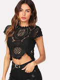 Women's See Through Mesh Lace Crop Top Crochet Short Sleeve Embroidered Tops