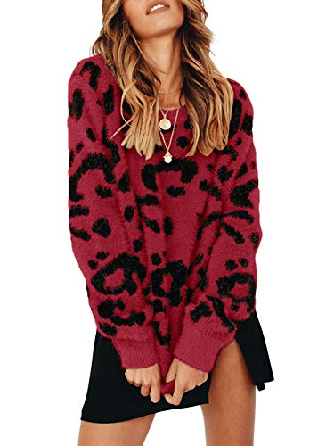 Womens Leopard Crewneck Sweater Oversized Casual Loose Basic Sherpa Pullover Knit Jumper