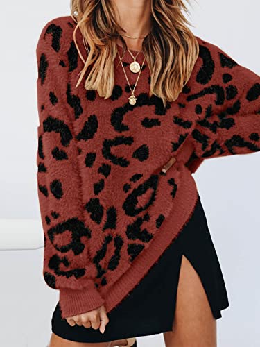 Womens Leopard Crewneck Sweater Oversized Casual Loose Basic Sherpa Pullover Knit Jumper