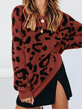 Womens Leopard Crewneck Sweater Oversized Casual Loose Basic Sherpa Pullover Knit Jumper