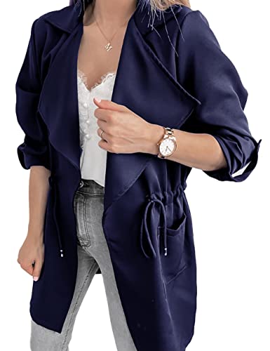 Women's Casual Lightweight Jackets Long Sleeve Drawstring Waist Lapel Trench Coat Outwear with Pockets