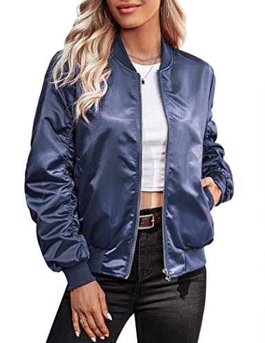 Womens Casual Jackets Long Sleeve Lightweight Fall Satin Bomber Jacket Zip Up Biker Windbreaker Coat with Pockets