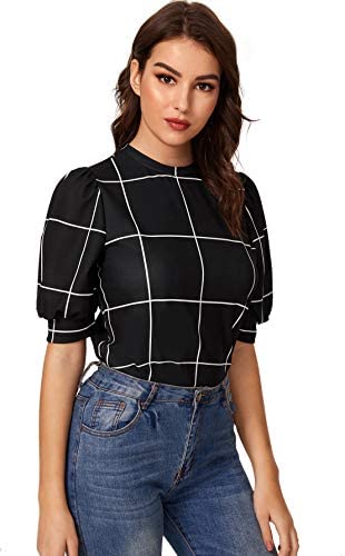 Women's Puff Sleeve Plaid Work Blouse High Neck Office Top