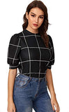 Women's Puff Sleeve Plaid Work Blouse High Neck Office Top