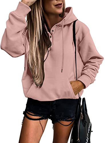 Womens Casual Hoodies Long Sleeve Drawstring Lightweight Solid Hooded Sweatshirt Button Loose Pullover Tops Fall Clothes with Pocket