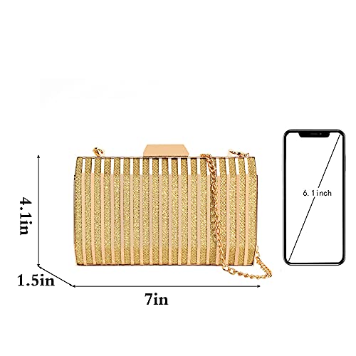 Women Lattice Pattern Metal Handbag Chain Geometric Evening Clutch Purse, Gold