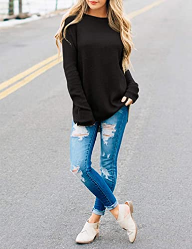 Women's Long Sleeve Oversized Crew Neck Solid Color Knit Pullover Sweater Tops Mocha