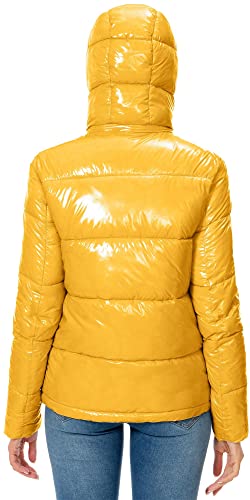 Women's Winter Hooded Shiny Puffer Jacket Casual Warm Quilted Full Zip Short Bubble Padded Coat (as1, alpha, s, regular, regular, Dark Gold, Small)