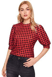 Women's Puff Sleeve Plaid Work Blouse High Neck Office Top