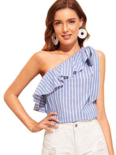 Women's Casual Sleeveless Tie Knot One Shoulder Ruffle Blouse Top